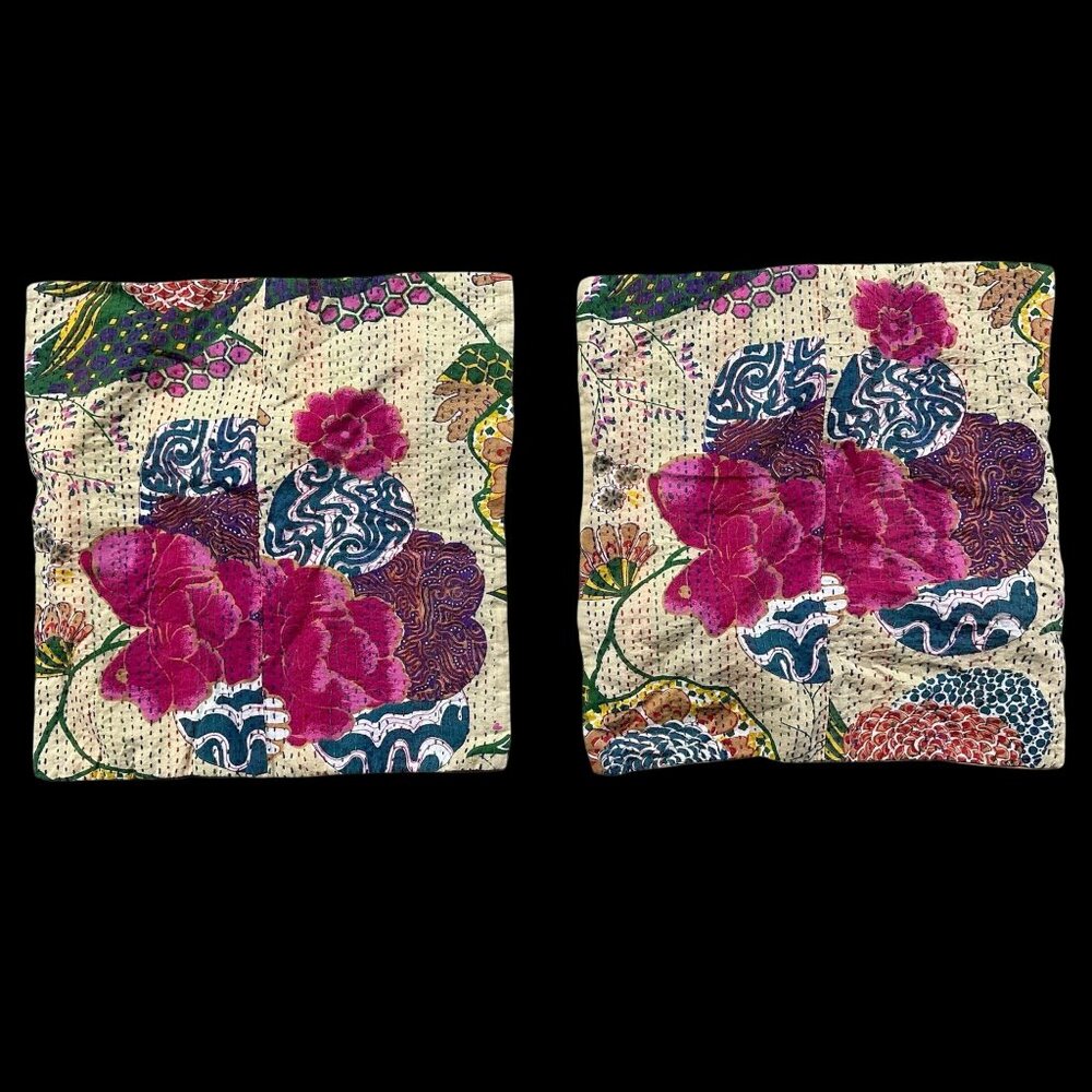 Decorative Throw Pillow Covers Cases Kantha Bright Floral Zipper Boho Eclectic - Picture 2 of 9